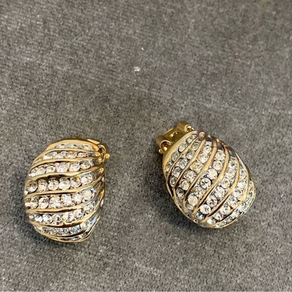 1980s Gilt & Crystal Rhinestone Chunky Huggie Hoop Earrings By Christian Dior